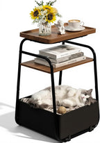 3 Tiers End Table with Fabric Basket, Small Side Table for Small Spaces, Modern Decor Nightstand with Handle, Tv Tray for Living Room, Bedroom, Dorm, Walnut