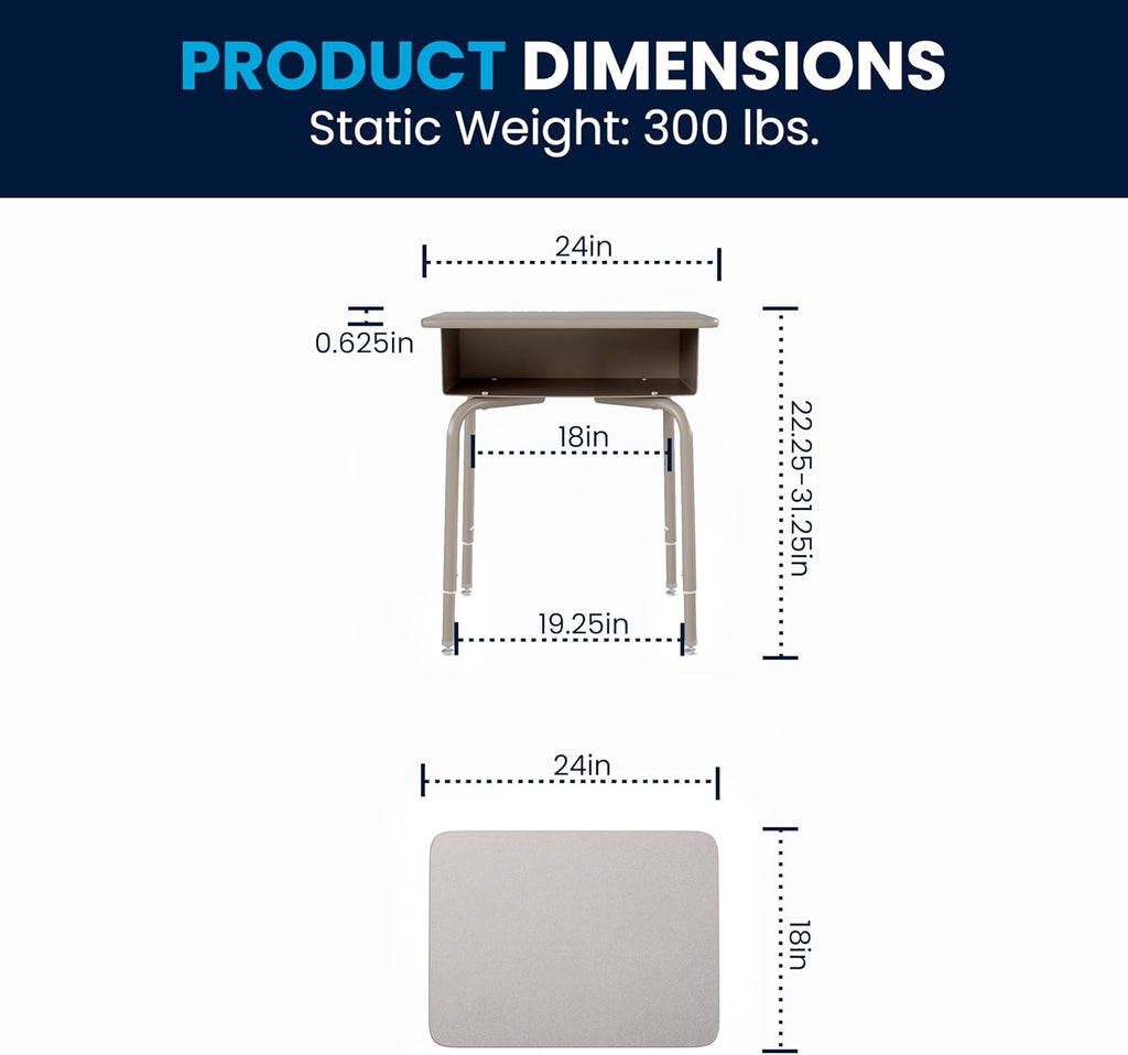 EMMA + OLIVER Buckley Student Desk - Gray Faux Granite Finished Top - Silver Metal Frame - Open Front Book Box - Pencil Storage Grooves