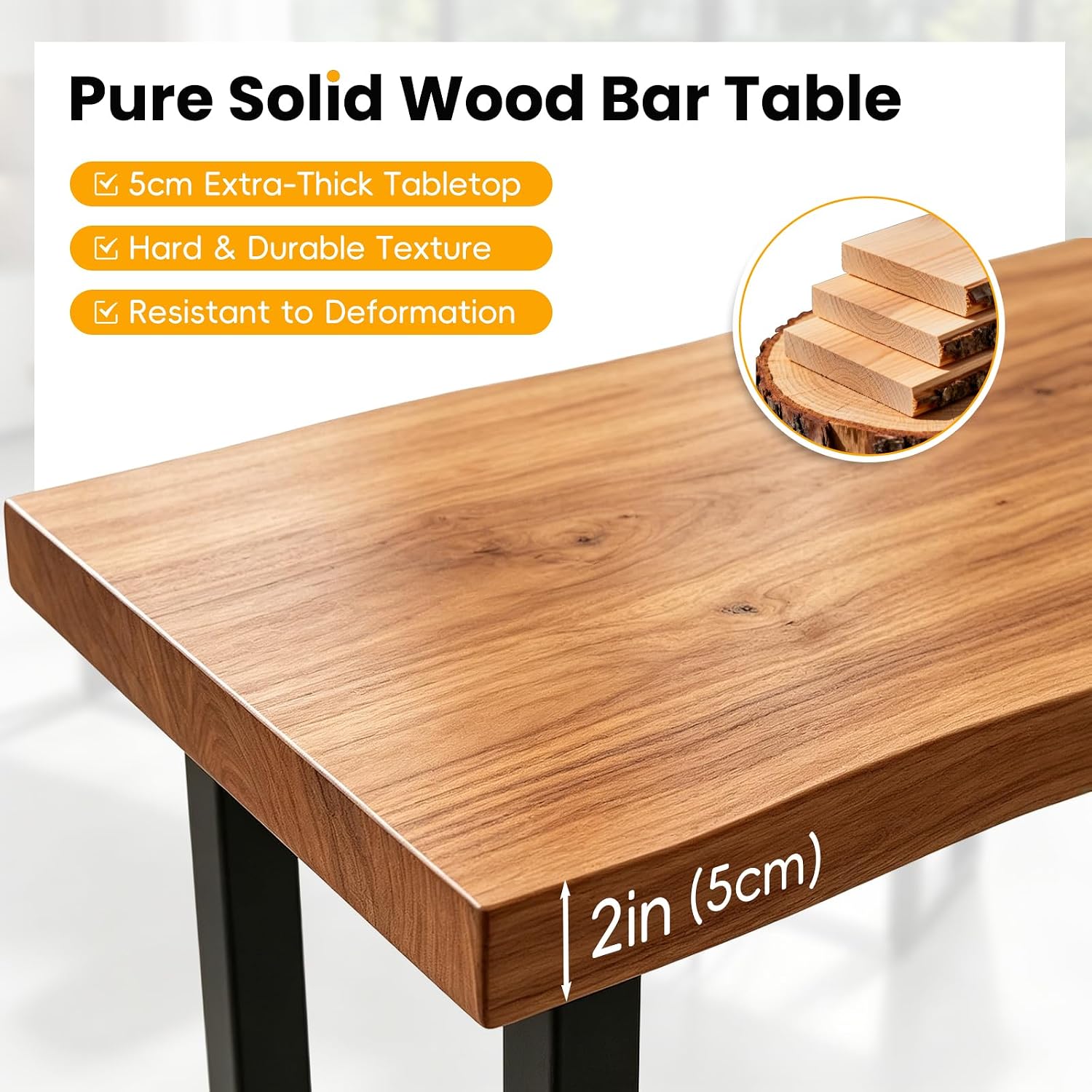 Live Edge Bar Table,Long Counter Height Dining Table,Solid Wood Pub Table,2 in Thick Live Edge Top for Kitchen,Dining Room, Coffee Shop,or Small Space(Stool not Included)