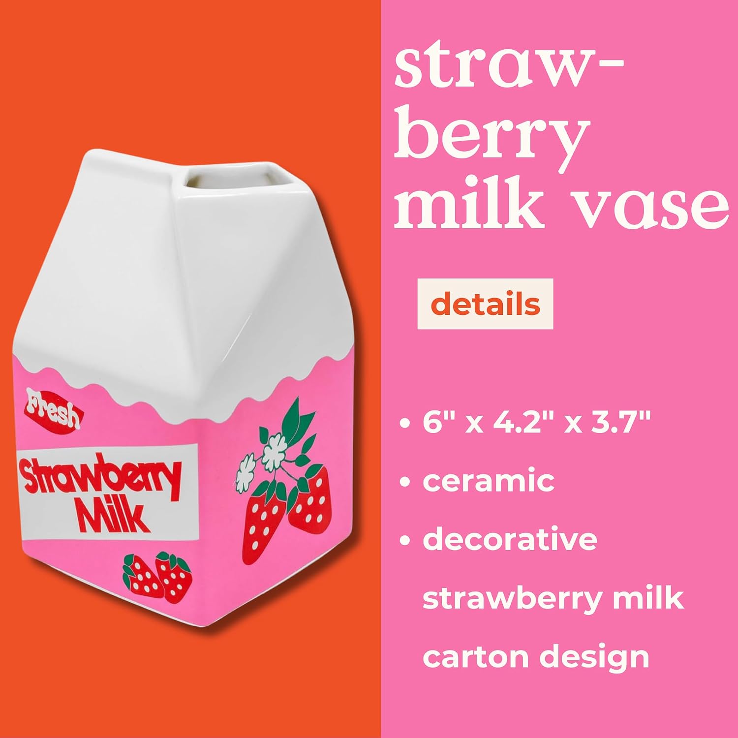 ban.do Ceramic Petite Carton Shape Vase, Strawberry Milk | Retro Inspired Decorative Mini Vase, Unique Food Theme Pink Home, Kitchen, and Bookshelf Decor