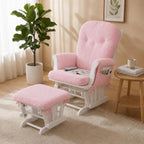 Boshen 5PCS Glider Rocker Replacement Cushions with Ottoman Cover, Tufted High Back & Teddy Plush Rocking Chair Cushion Set, Thickened 3.5'' Glider Cushions with Side Pockets for Indoor Nursery, Pink