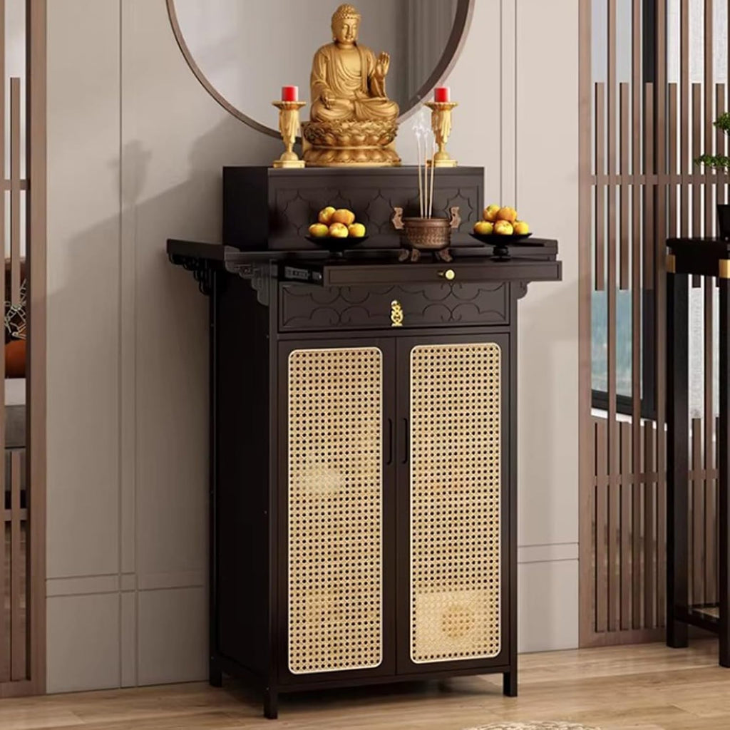 Chinese Shrine Altar Table with Storage, Bamboo Buddha Buddhist Altar Cabinet, Offering Meditation Table with Plastic Rattan Door, for Living Room, Temples(Black,100cm/39.3in)