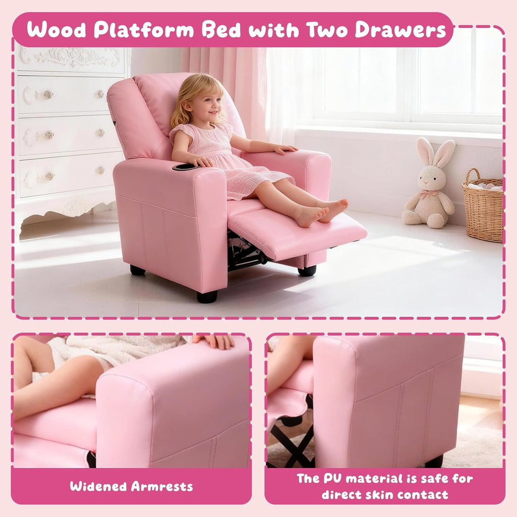 Kids Recliner with Cup Holder, PU Leather Toddler Recliner for Kids Age 1-4 w/Backrest & Footrest, Children’s Lounge Chair for Boys & Girls, Small Recliner for Bedroom Playroom Living Room (Pink)