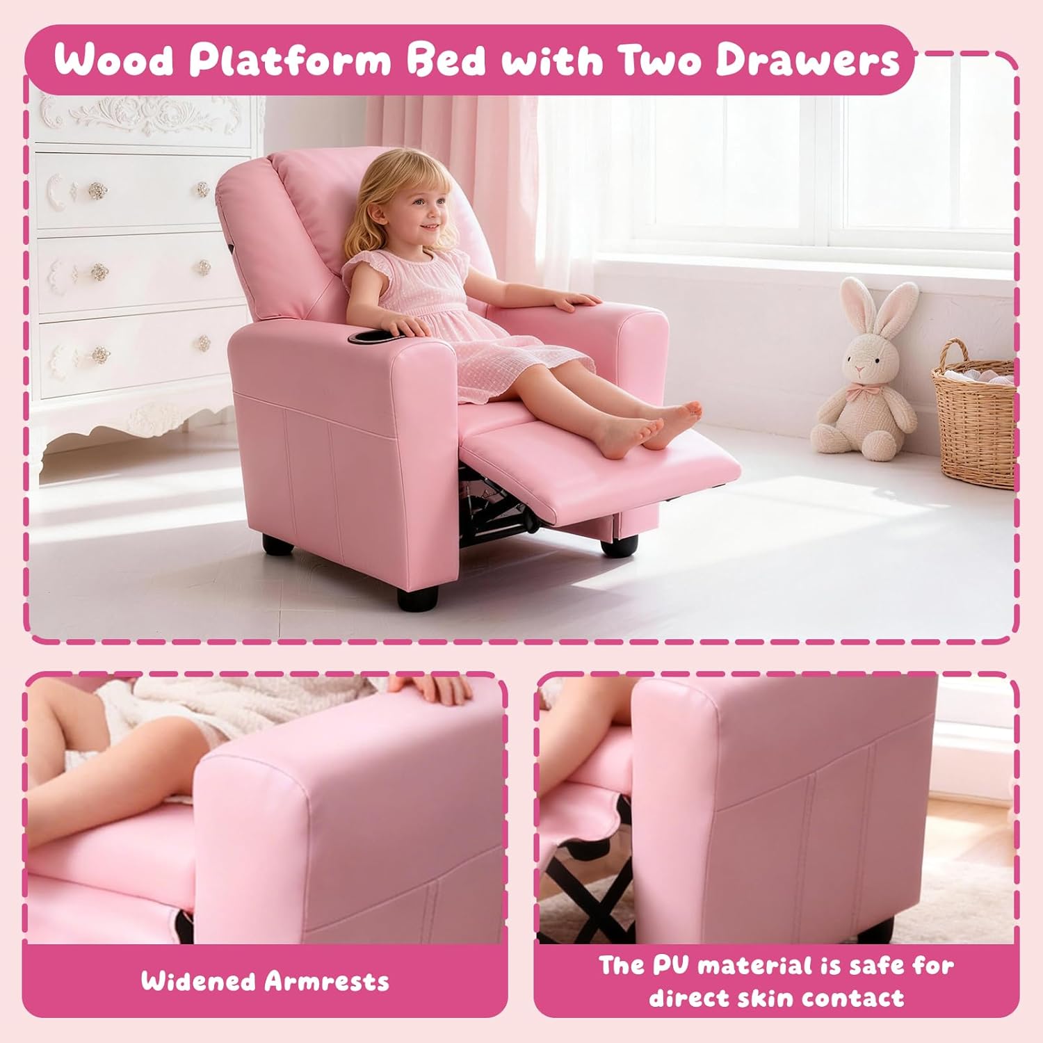 Kids Recliner with Cup Holder, PU Leather Toddler Recliner for Kids Age 1-4 w/Backrest & Footrest, Children’s Lounge Chair for Boys & Girls, Small Recliner for Bedroom Playroom Living Room (Pink)