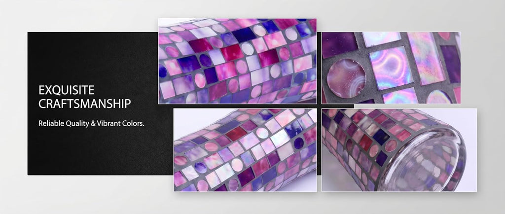 11.6" H Purple Red Mosaic Vase, Exquisite Handmade Craftsmanship Tall Glass Vase, Modern Hourglass Art Centerpiece with Dreamy Geometric Pattern for Home & Office Decor, Unique Gift