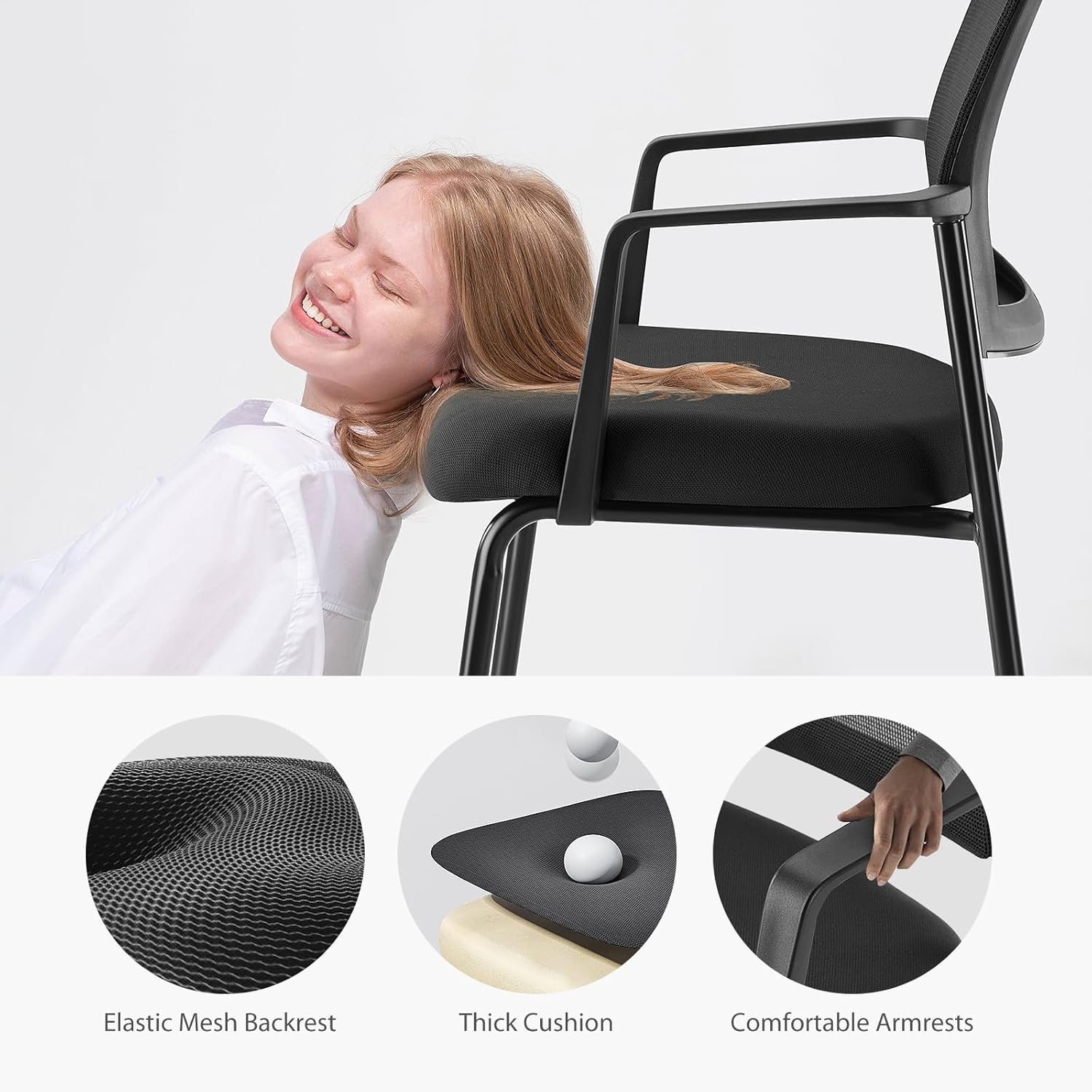 DUMOS Black Stackable Arm Reception Chairs with Mesh Back and Upholstered Fabric Cushion, Sturdy Metal Frame, Easy to Store and Use, Perfect for Indoor and Outdoor Spaces, 2 Chair