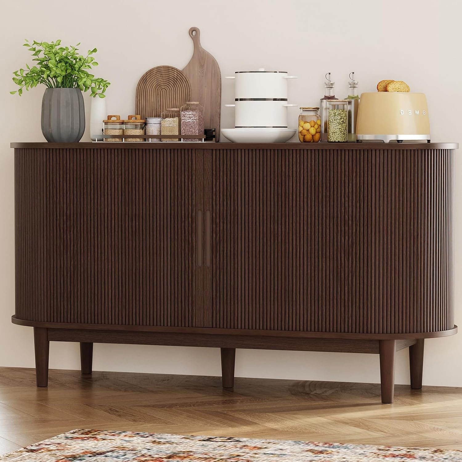 LINSY Home 55" Sideboard Buffet Cabinet,Tambour Sliding Doors & Drawer | Vintage Walnut Fluted Coffee Bar Cabinet with Storage, Mid Century Modern Wood Storage Buffet Table for Kitchen, Living Room