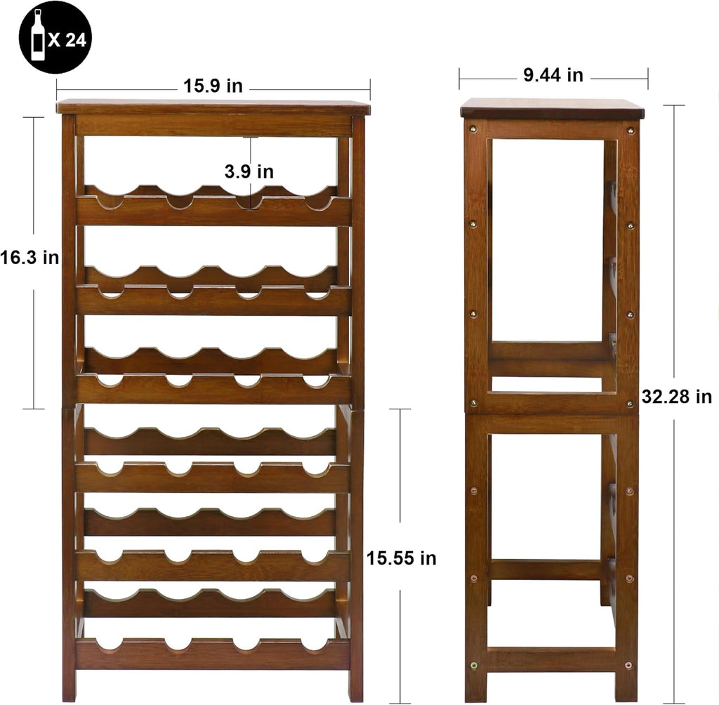 Wine Rack Free Standing Floor, 6-Tier 24 Bottles Display Wine Storage Shelves with Table Top, Easy-Assembly Freestanding Bamboo Wine Racks for Kitchen Dining Room Bar, Walnut