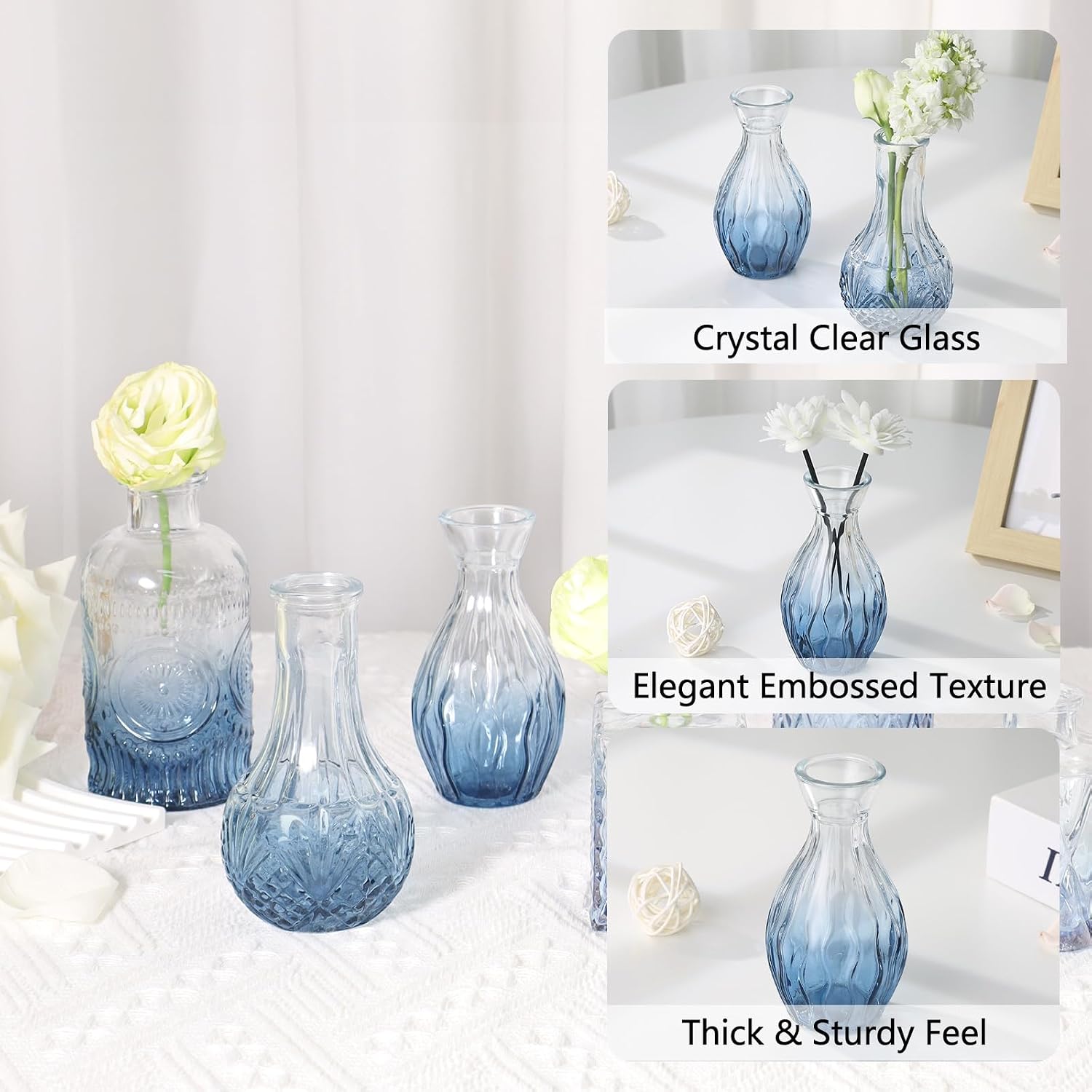RUCKAE Glass Bud Vases Mini Flower Vase Small Vintage Vases for Centerpiece Table Wedding Decorations Home Decor Party(Gradient Blue 22 Pack)