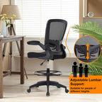 BestOffice Drafting Chair Tall Office Chair Adjustable Height with Lumbar Support Flip Up Arms Footrest Mid Back Task Mesh Desk Chair Computer Chair Drafting Stool for Standing Desk, Black