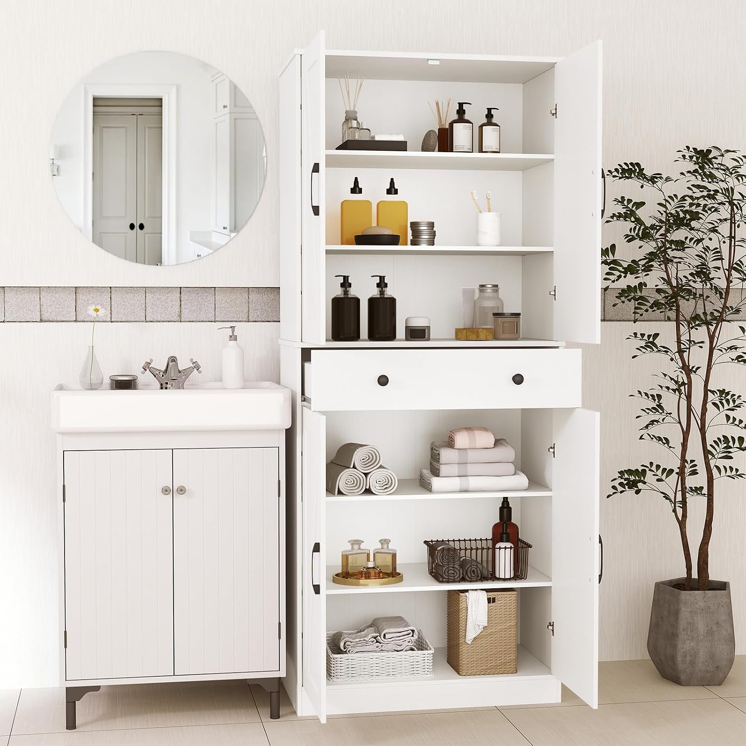 GOFLAME 72” Tall Pantry, Modern Farmhouse Cupboard Cabinet with 4 Barn Doors, Storage Drawer & 3 Adjustable Shelves, Versatile Storage with Anti-TIPP Kits for Living Room, Dining Room, White
