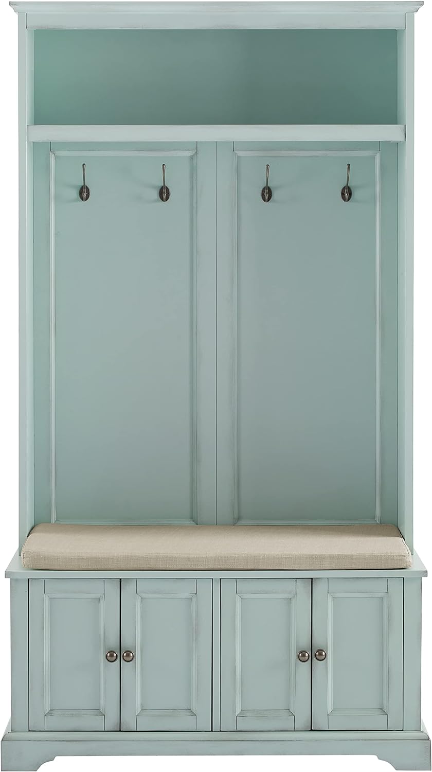 Crosley Furniture Holbrook Hall Tree with Shoe Rack Bench and Coat Hooks for Hanging Storage, Distressed Seafoam Blue