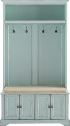 Crosley Furniture Holbrook Hall Tree with Shoe Rack Bench and Coat Hooks for Hanging Storage, Distressed Seafoam Blue