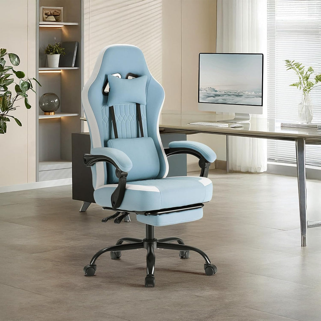 Sweetcrispy Video Game Chair: High Back Ergonomic Computer Desk Chair with Footrest & Lumbar Support, Height Adjustable with Linkage Armrests and Headrest, 360° Swivel Wheels, Blue