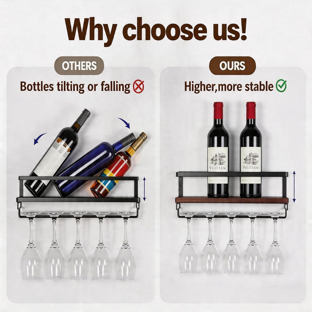 B4Life Wine Glass Holder Wall Mounted, Hanging Wine Glass Rack for Wine Bottles, Bar Shelf Wall Mounted with Stemware Hanger, Bar Glass Holder for Dining Room Home Kitchen