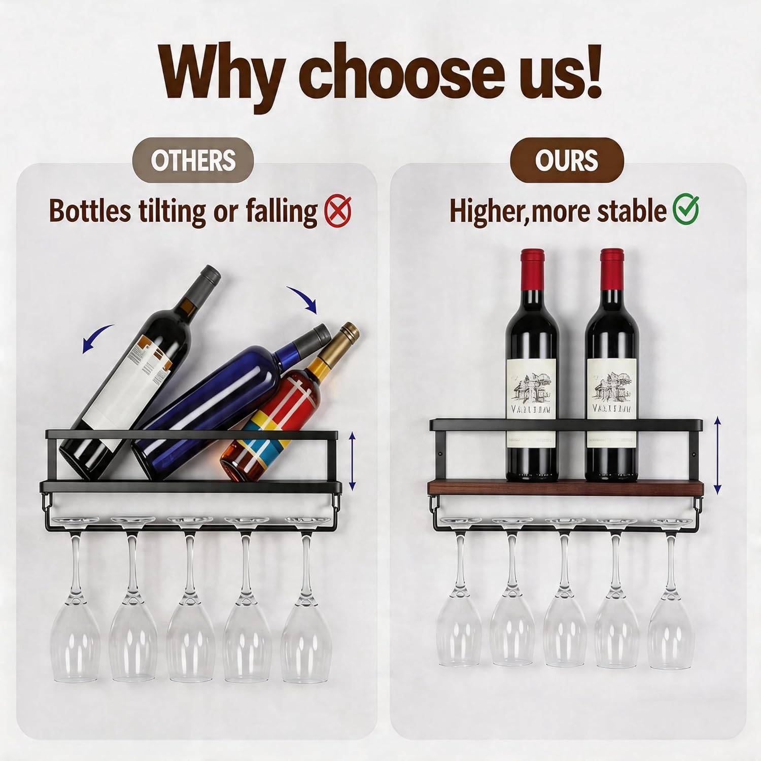 B4Life Wine Glass Holder Wall Mounted, Hanging Wine Glass Rack for Wine Bottles, Bar Shelf Wall Mounted with Stemware Hanger, Bar Glass Holder for Dining Room Home Kitchen
