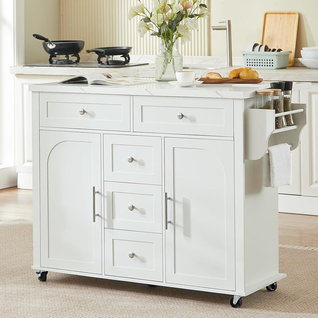 ONBRILL 47" Kitchen Island with 2 Storage Cabinets & 5 Drawers, Mobile Island Table for Kitchen with Imitation Marble Drop Leaf, Rolling Island Cart with Power Outlet & Spice Rack & Towel Rack, White