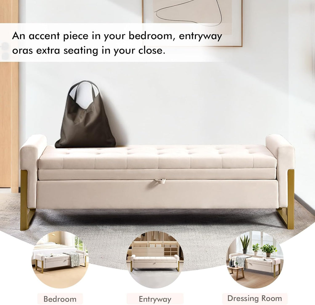 67" Storage Bench for Bedroom, King Size End of Bed Bench, Upholstered Storage Ottoman Bench with Golden Metal Legs, Bedroom Bench for Entryway, Beige