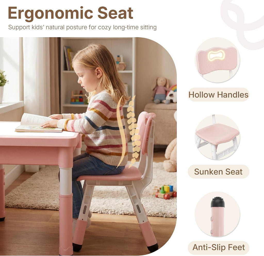 4 in 1 Kids Table and 2 Chairs Set, Reversible Tabletop, Pink | Double-Sided Graffiti/Block Building Tabletop, Adjustable Height, Under-Table Storage, 4 Storage Bins, Toddler Activity Desk