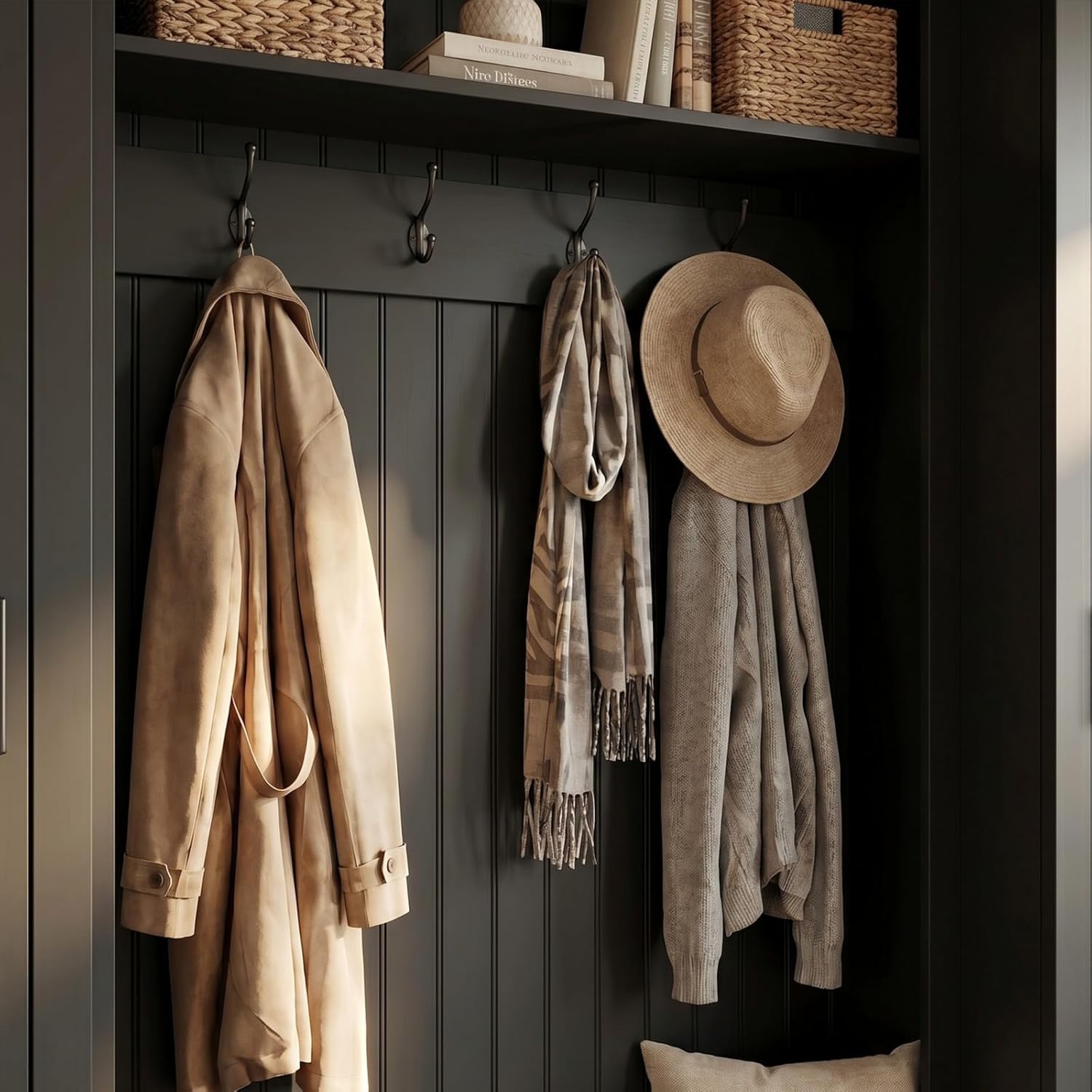 Large Hall Tree with Bench & Rattan Doors, 4-in-1 Entryway Coat Rack with Shoe Storage, 4 Hooks, Shelves, Mid-Century Shoe Bench for Hallway Mudroom, Black, 63.2”W x 15.7”D x 76.8”H