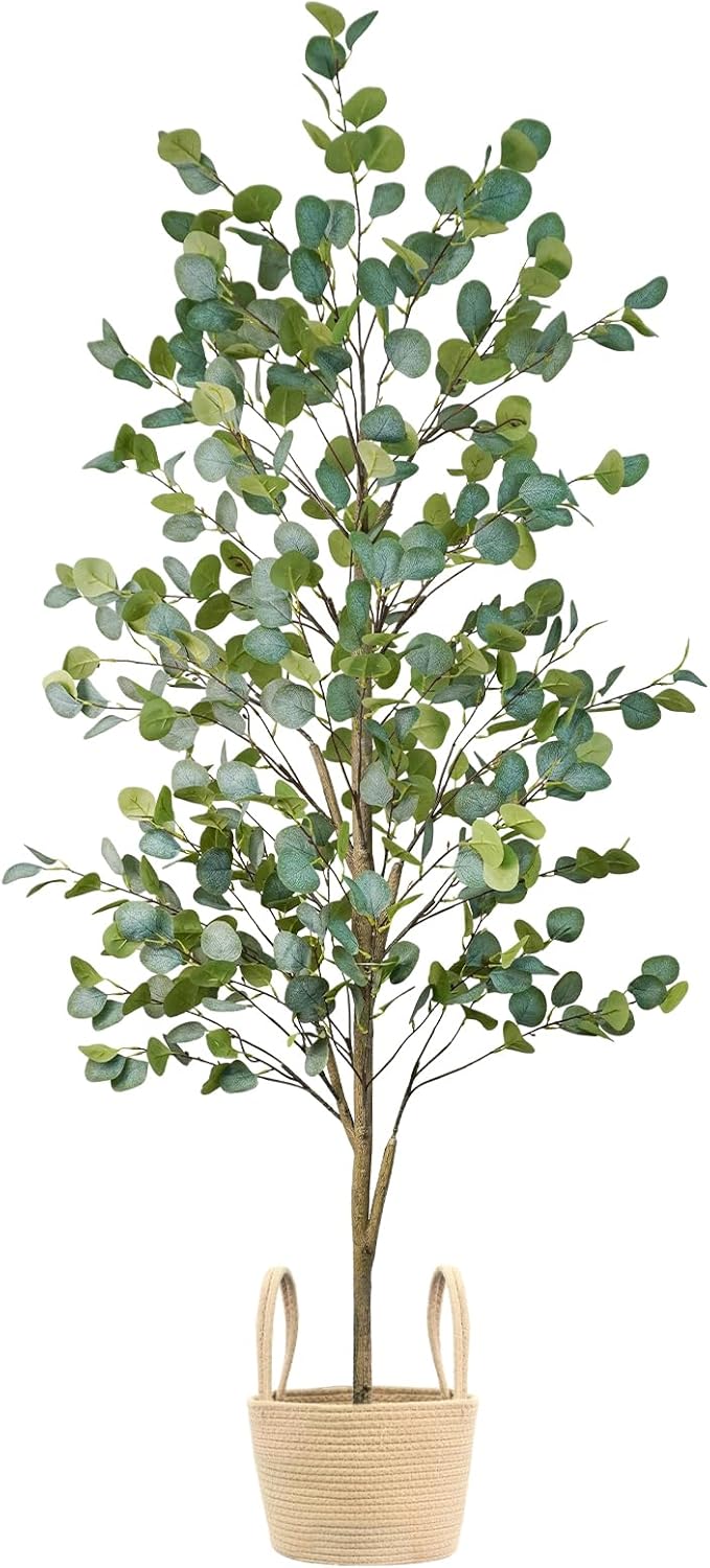 Caxchiling Faux Eucalyptus Tree 6FT, Artificial Potted Tree for Indoor Outdoor, Fake Floor Plants with Natural Wood Trunk, Home Office Living Room Bedroom Decor