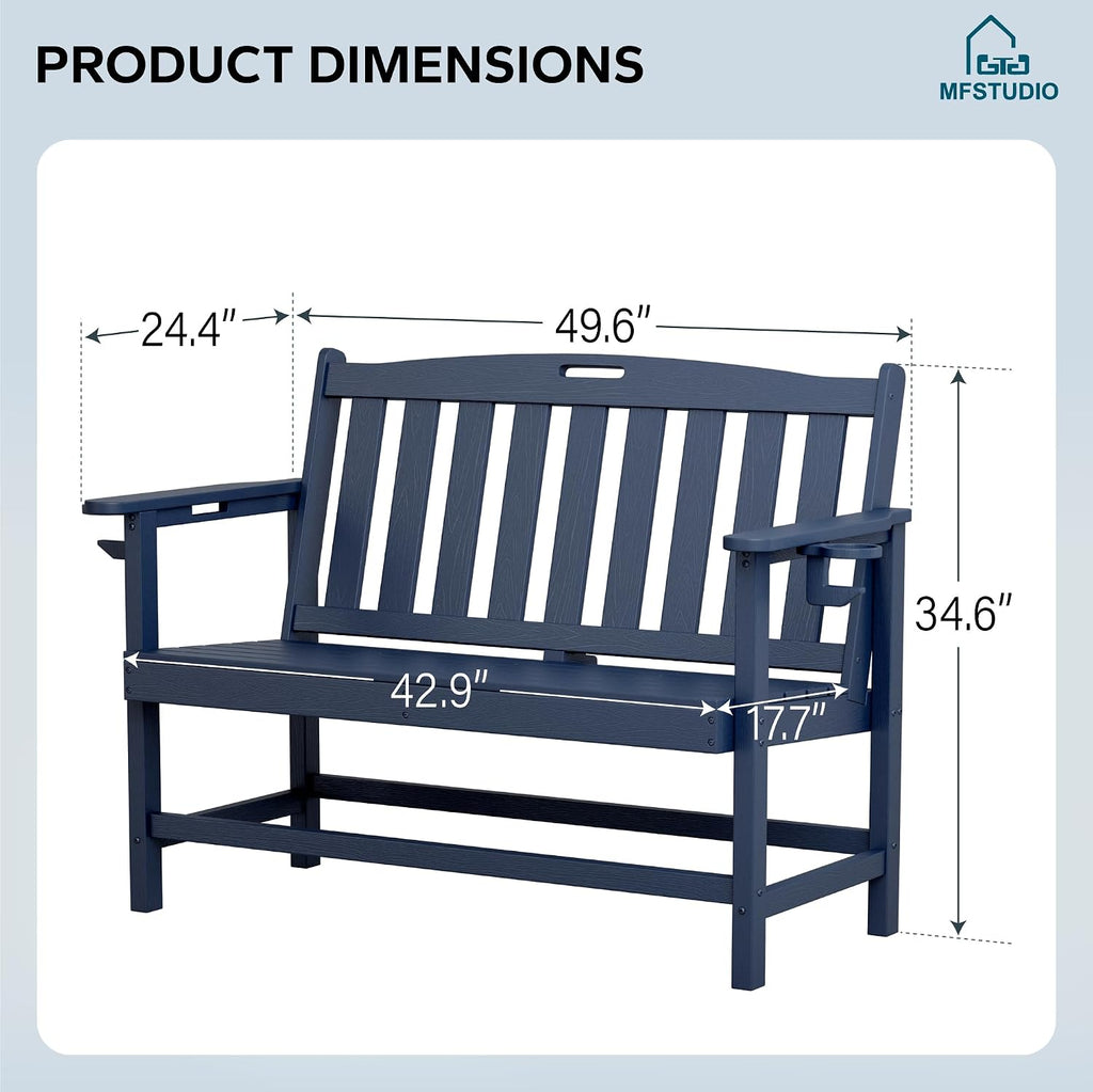 MFSTUDIO 50 Inches HDPE Outdoor Bench, Weatherproof Garden Benches, 2-Person Patio Bench for Outside with 700 lbs Weight Capacity, Perfect for Porch, Backyard and Park, Navy