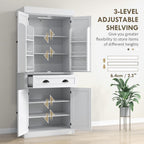 71" Kitchen Pantry, Storage Cabinet with Motion Sensor Light, 6 Door Shelves, Drawer & 4 Adjustable Shelves, White, Easy to Maintain, for Dining Room