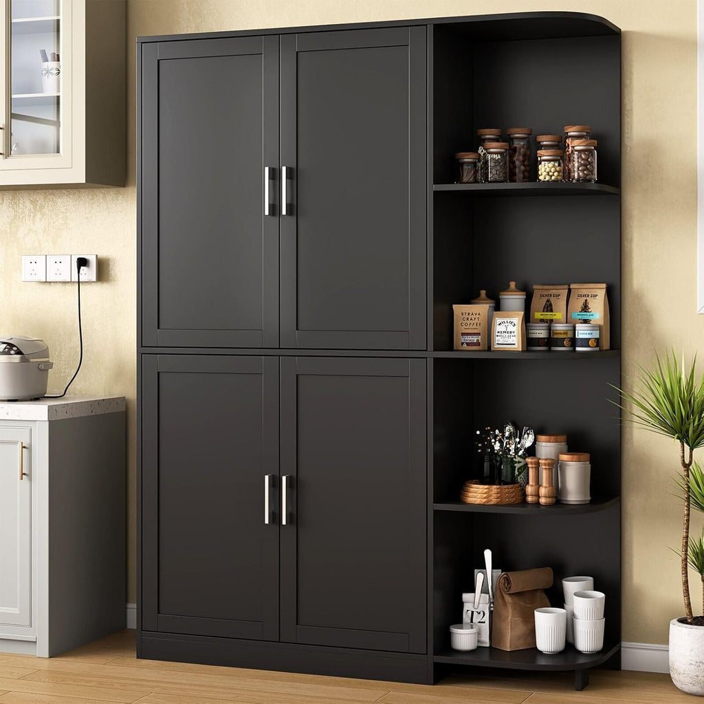 Loomie Kitchen Pantry Storage Cabinet, 64" Tall Freestanding Cupboard with Doors & Adjustable Shelves, Food Pantry Cabinet with 5-Tier External Shelf for Dining Room (Black)