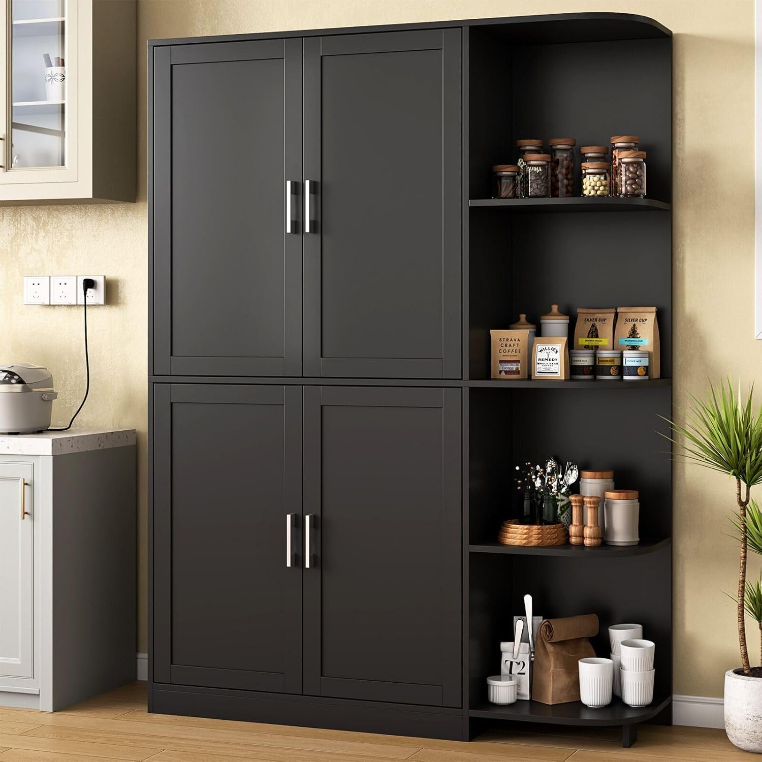 Loomie Kitchen Pantry Storage Cabinet, 64" Tall Freestanding Cupboard with Doors & Adjustable Shelves, Food Pantry Cabinet with 5-Tier External Shelf for Dining Room (Black)