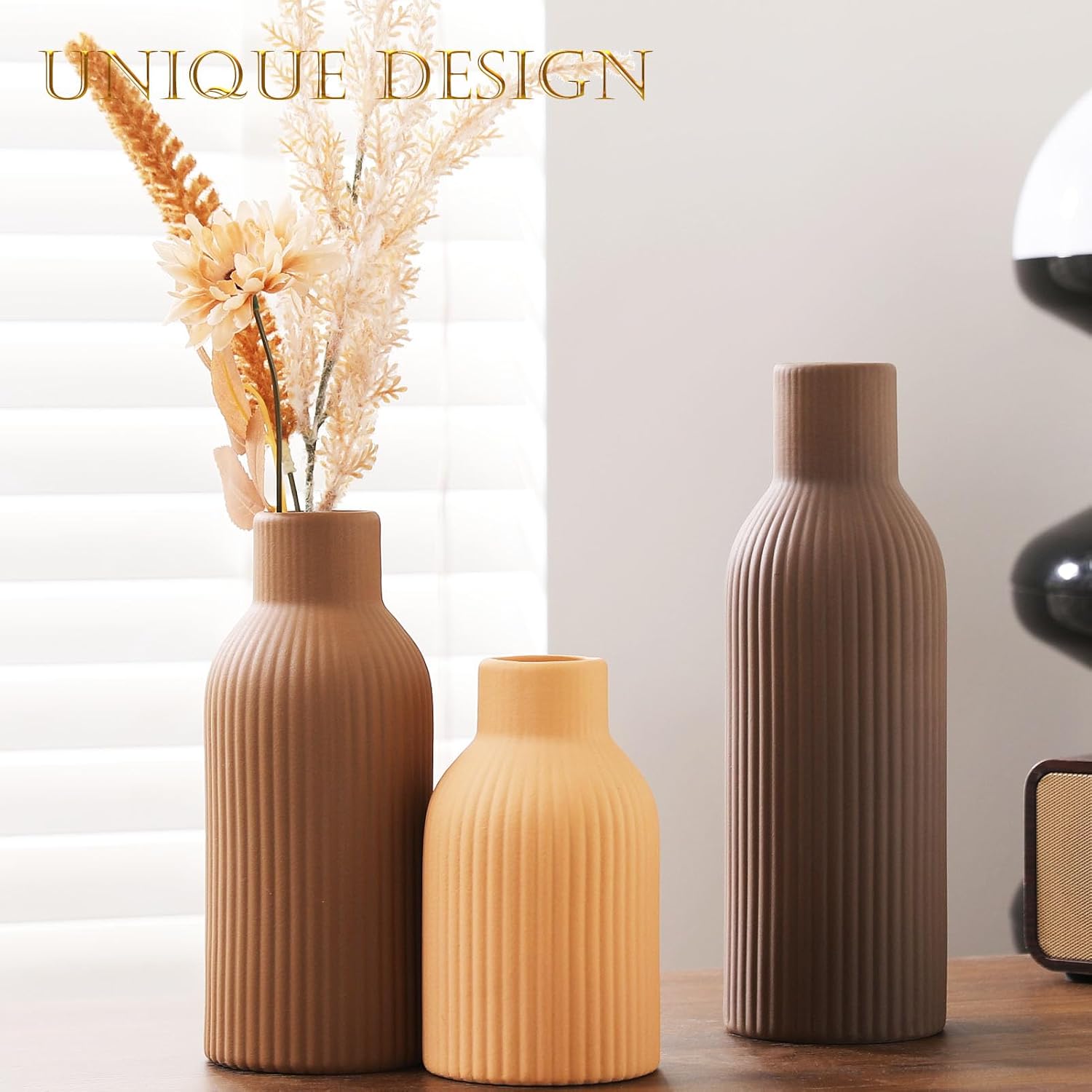 Joeabor Ceramic Vase Set of 3 - Handcrafted Ceramic Vases for Home Decor & Shelf - Modern Farmhouse Decor for Kitchen, Office, Bedroom & Living Room Decorative Objects for Mantel, Table Centerpieces