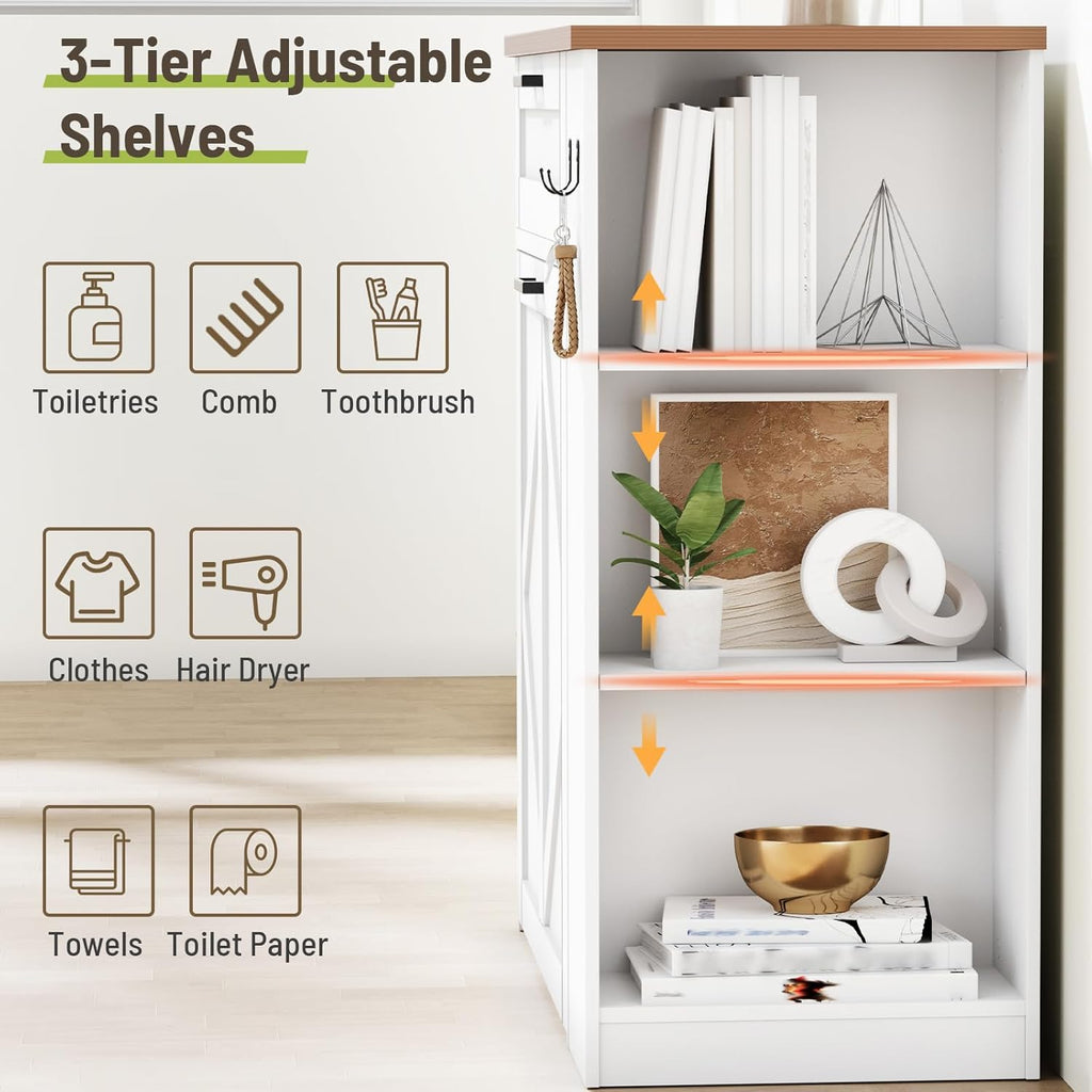 Laundry Hamper Cabinet, Double Laundry Cabinet with Two 11 Gallon Baskets and Drawer, Pull-Out Storage Unit with Adjustable Shelves, Hooks, for Bathroom, Living Room, Kitchen, White and Walnut