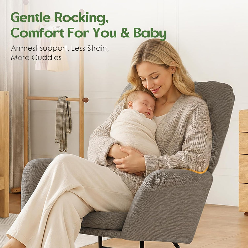 Rocking Chair Nursery High Back Glider Rocker Chair Indoor for Adult | 20" Wide Seat Fleece Upholstered Solid Wood Legs Comfy Gentle Rock for Living Room Bedroom Nursing Room Reading Nook