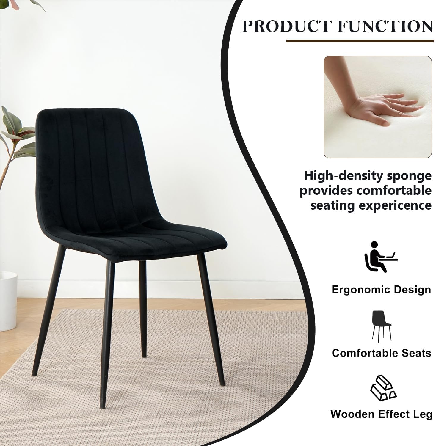 Dining Chairs Set of 4, Modern Kitchen Dining Room Chairs, Ergonomic Velvet Dining Chairs Upholstered Cushion Seat and Sturdy Metal Legs (Black)