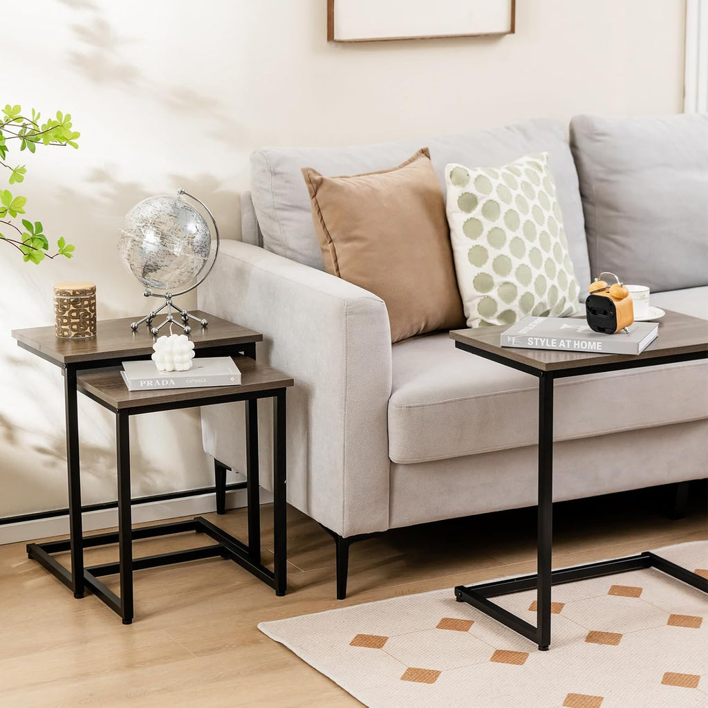 Tangkula Nesting Table Set of 3, Rectangle Stacking Side End Table w/Wood Top & Metal Legs, Adjustable Foot Pads, C-Shaped Accent Coffee Tables for Small Spaces, Living Room (C-Shaped, Gray, 3-pc)