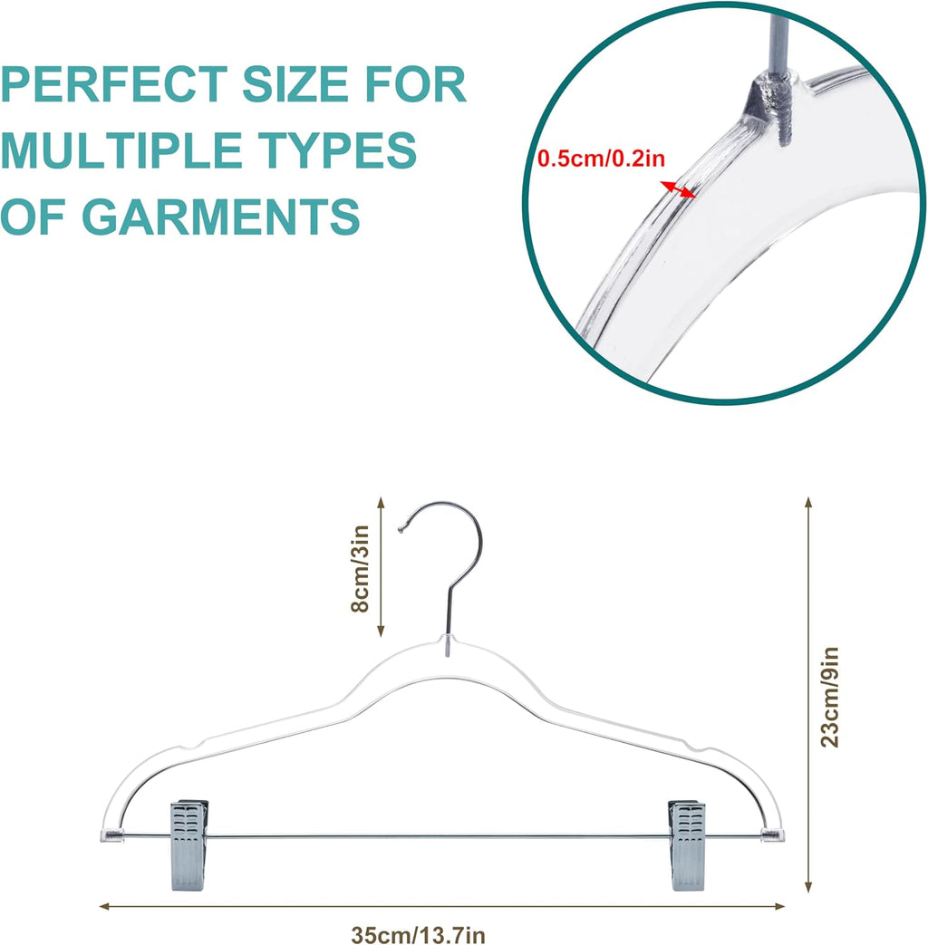 Quality Clear Kids Pants Hangers with Clips 100 Pack | Heavy Duty Skirt Hangers with Swivel Hook and Notches | Space Saving Kids Clip Hangers for Pants | 13.7 Inch (Clear, Silver Hook, 100 Pack)