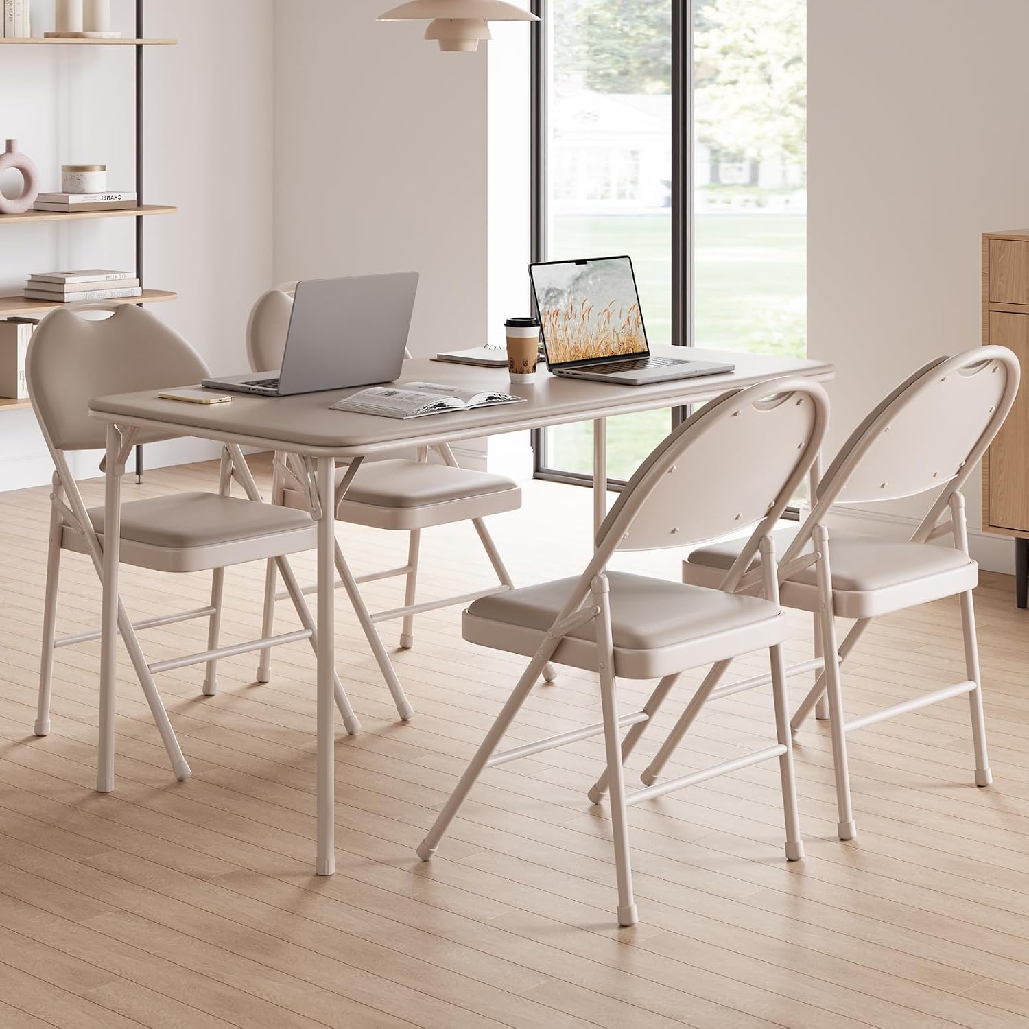 GAOMON 4 Pack Folding Card Chairs, Thickened Padded PU Cushion, Metal Legs and Non-Slip Feet Pads, Portable Stackable Commercial Seat for Events, Office, Wedding, Party, Beige