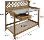 PetsCosset Garden Potting Benches & Tables,Outdoor Wooden Work Station W/Metal Table Top,Drawer,Large Bottom Shelf,Open Shelf Natural Wood-Natural Stained
