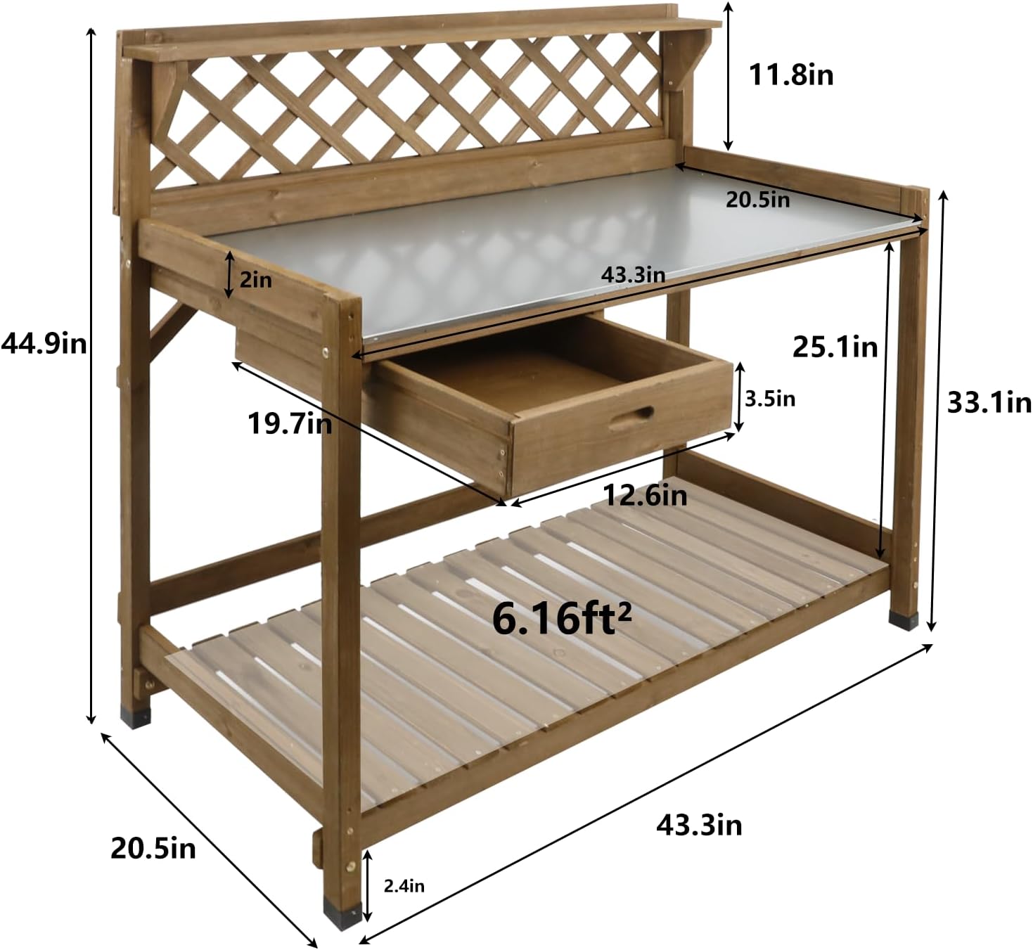 PetsCosset Garden Potting Benches & Tables,Outdoor Wooden Work Station W/Metal Table Top,Drawer,Large Bottom Shelf,Open Shelf Natural Wood-Natural Stained