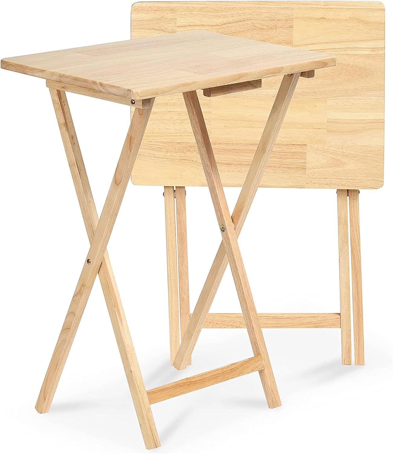 PJ Wood - Folding TV Tray Tables - Solid Wood, 10-Piece Set | Rectangular Design, 14.57 x 19.09 x 26 in, Natural Finish, Rustic Style, Compact Storage, For Couch Dining Or Work