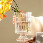 BLOFLO Embossed Glass Vase, 7'' Crystal Glass Vases, Pedestal Big Base Glass Bouquet Vase, Hydroponic Glass Transparent Vase for Home Office Wedding Dining Table Party (Ribbed Pattern)
