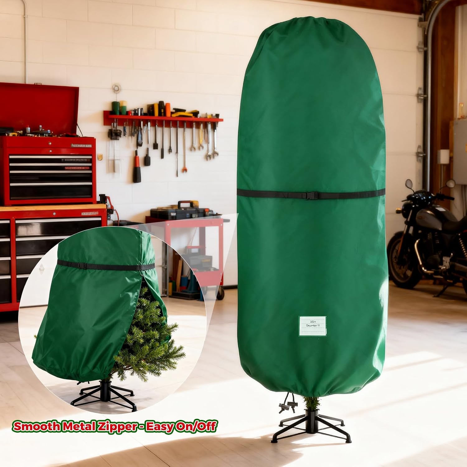 Christmas Tree Cover - 420D Waterproof Oxford Cloth Storage Bag for 4-6 FT Christmas Trees, Metal Zipper & Adjustable Straps (66" H x 50" W)