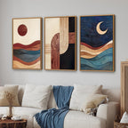 SIGNINART Boho Mid Century Modern Framed Canvas Wall Art, Bohemian Geometric Wall Decor, Abstract Sun and Moon Artwork,Beige and Black Wooden Art Paintings for Living Room Bedroom Office 16"x24"x3
