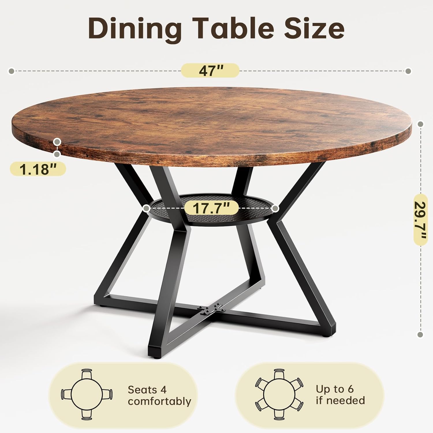 Concho 47" Round Dining Room Table for 4-6,Circle Kitchen Dining Dinner Table with Pedestal Metal Frame,Space Saving Wood Kitchen & Dining Room Furniture, Vintage Brown