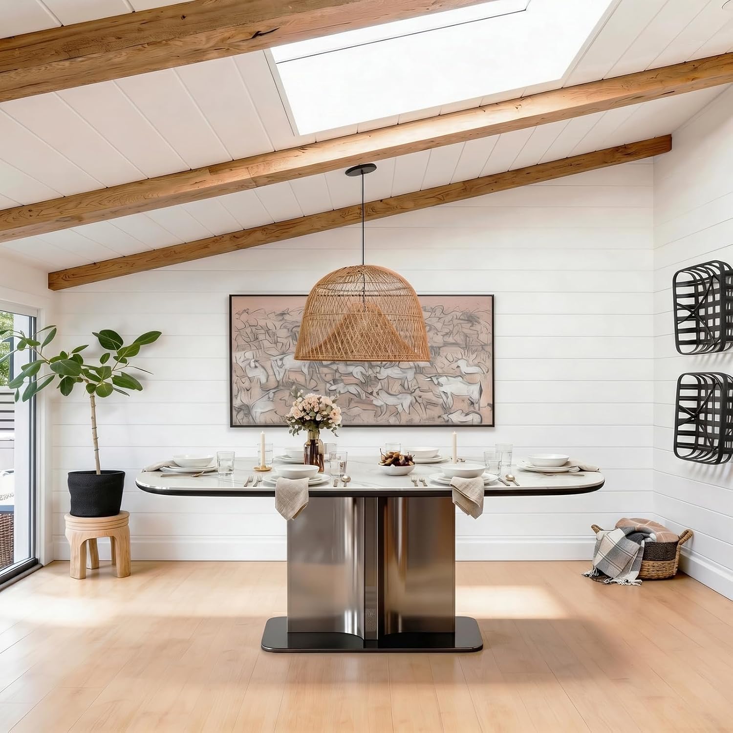 63" Modern Sintered Stone Dining Table for 6, Glossy White Rectangular Kitchen Table with Wood-Reinforced Top & Metal Pedestal Base, for Standard Dining Room, Kitchen & Family Gatherings