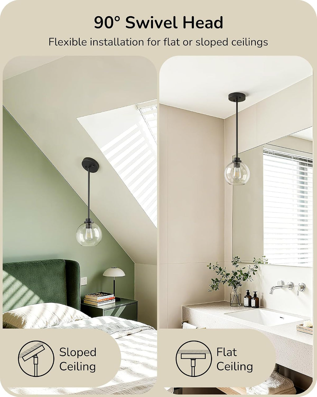 EDISHINE Modern Pendant Lights Kitchen Island 2 Pack, Hanging Light Fixture with Clear Glass Globe Shade, Hardwired Matte Black Adjustable Metal Rod for Bathroom, Dining Room, Bedroom