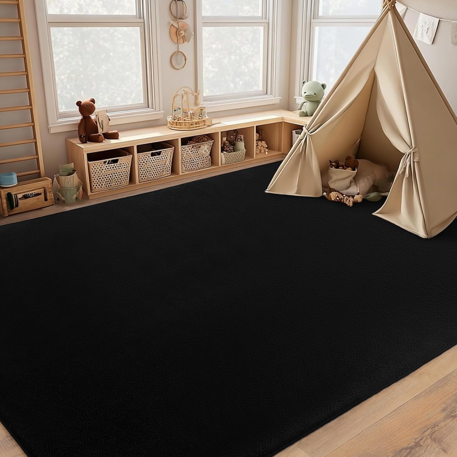 qulint Black Rug for Living Room, 8x10 Washable Rug for Bedroom with Thickened Memory-Foam, Modern Minimalist Large Carpet Solid Comfy Non Slip Carpet for College Dorm Dining Room Classroom Home Decor