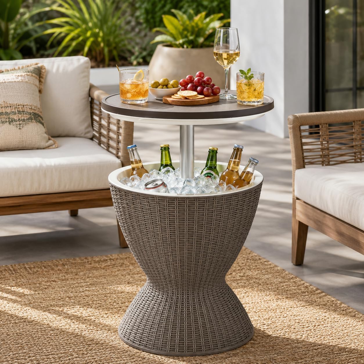 Byroce Outdoor Cooler Table, Patio Cooler Side Table with 8 Gallon Built-in Cooler, Adjustable Height Rattan Bar Table for Pool, Hot Tub, Backyard and Parties
