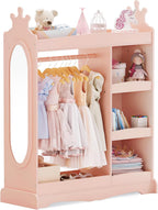 Curipeer Kids Dress up Storage with Mirror, Kids Wardrobe with Storage & 3 Hooks, Kids Closet for Girls Boys, Kids Costume Organizer, Open Hanging Armoire Wardrobe Closet for Bedroom, Pink