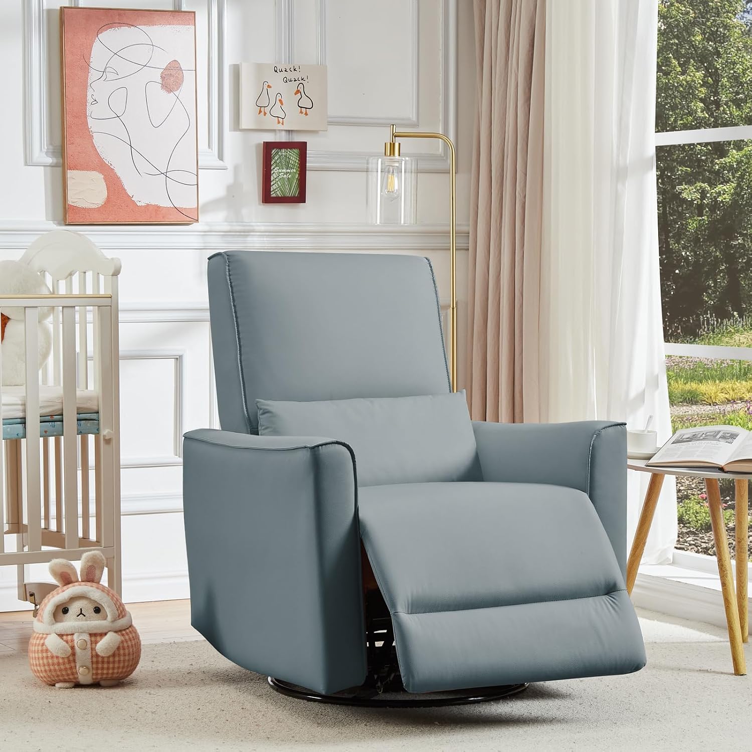 Swivel Rocking Recliner Chair, Upholstered Faux Leather Glider Recliner with Lumbar Support, High Backrest & Padded Armest, Manual Nursery Recliner for Living Room (Manual, Gray)