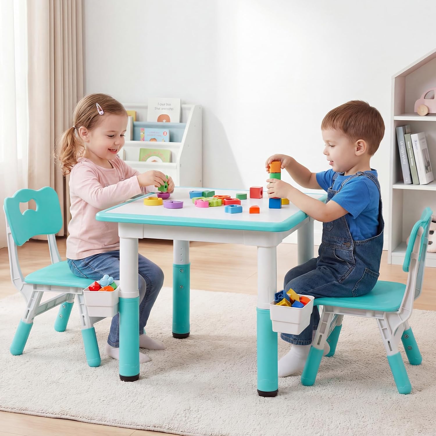Olakids Kids Table and 2 Chair Set, Height Adjustable Toddler Activity Desk with Graffiti Desktop Storage Boxes, Children Furniture for Arts Crafts Learning Drawing (Light Green)
